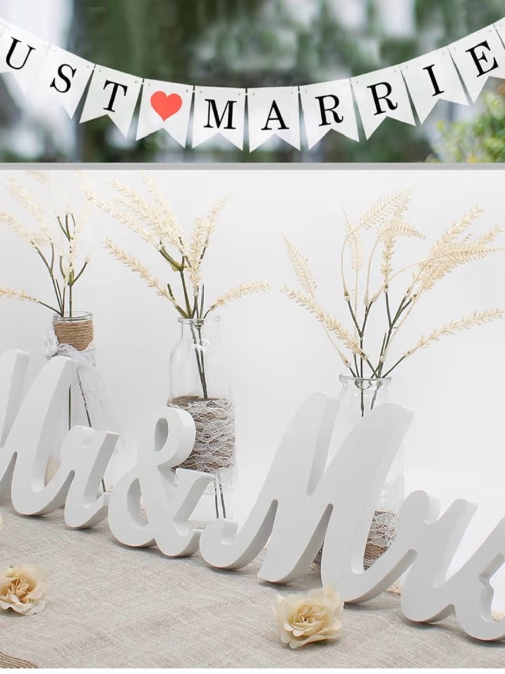 Just Married Banner and White 'Mr & Mrs' Table wDecor - White Wedding Party Set